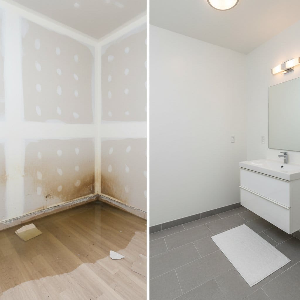 Before and after water damage restoration in Ridgewood split-level home bathroom