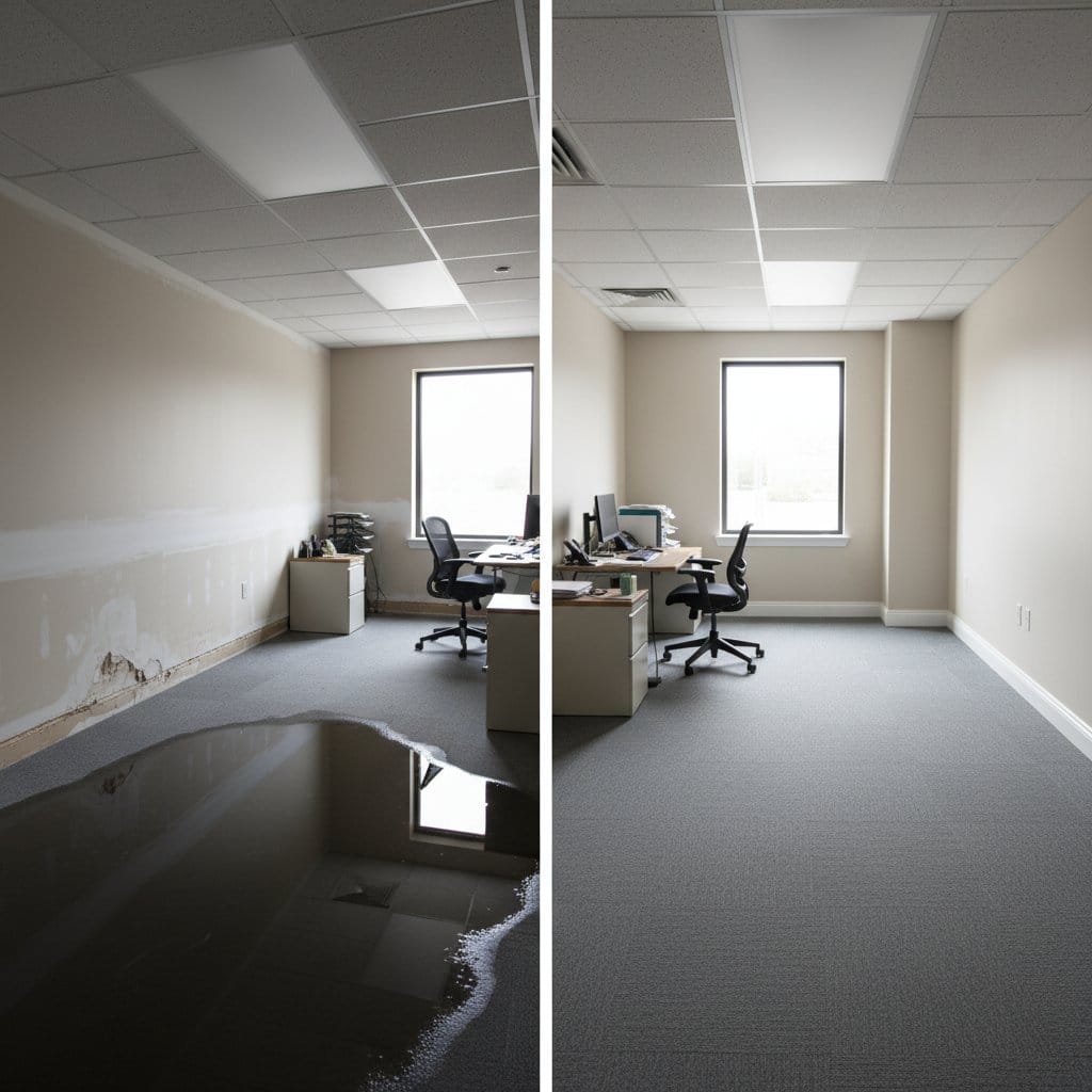 Emergency Water Removal restoration — commercial office space of Tudor home in Ridgewood, NJ