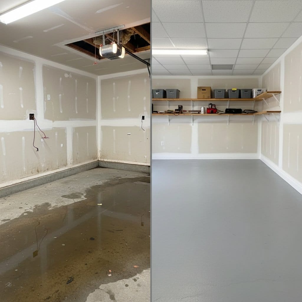 Basement Flood Cleanup before and after in garage, Ridgewood NJ