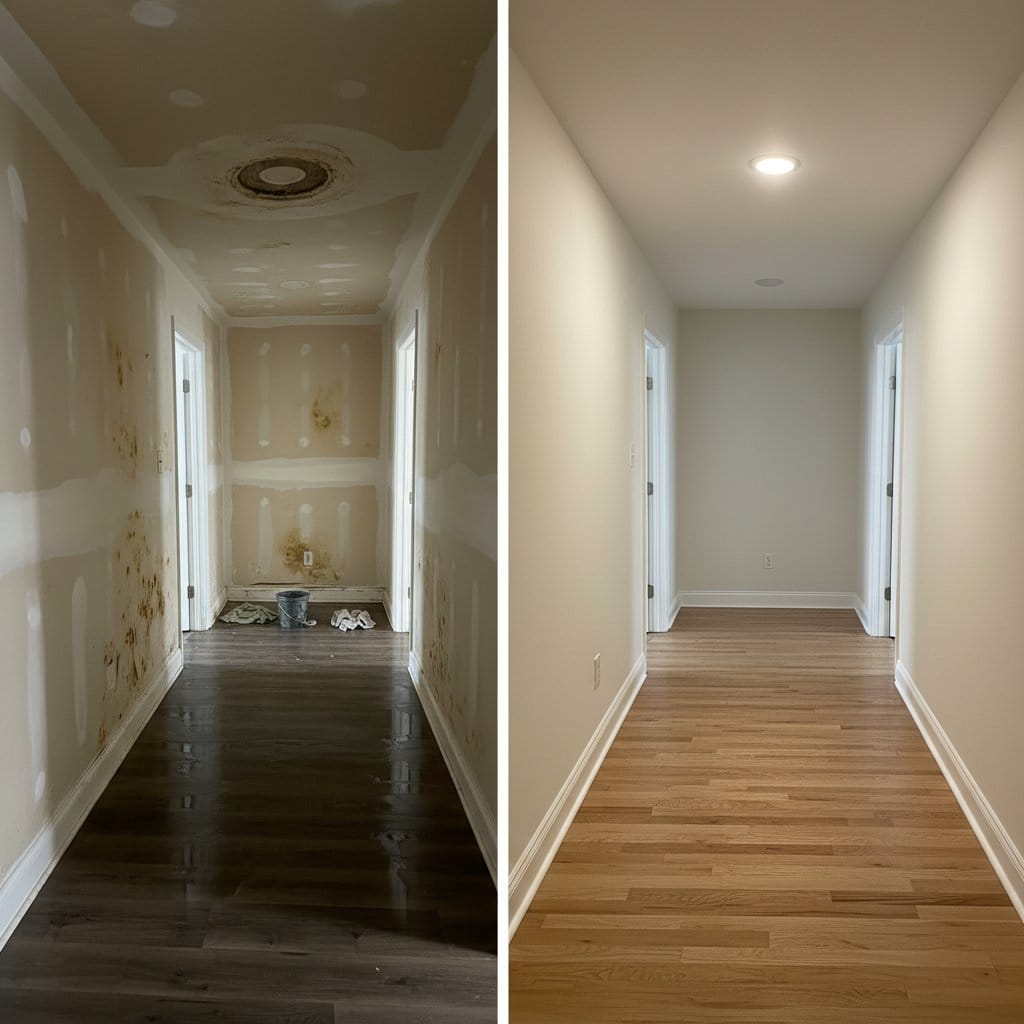 Burst Pipe & Plumbing Leak Damage before and after in hallway, Ridgewood NJ