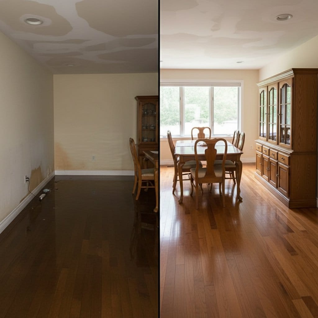 Before and after burst pipe & plumbing leak damage in Ridgewood bungalow dining room