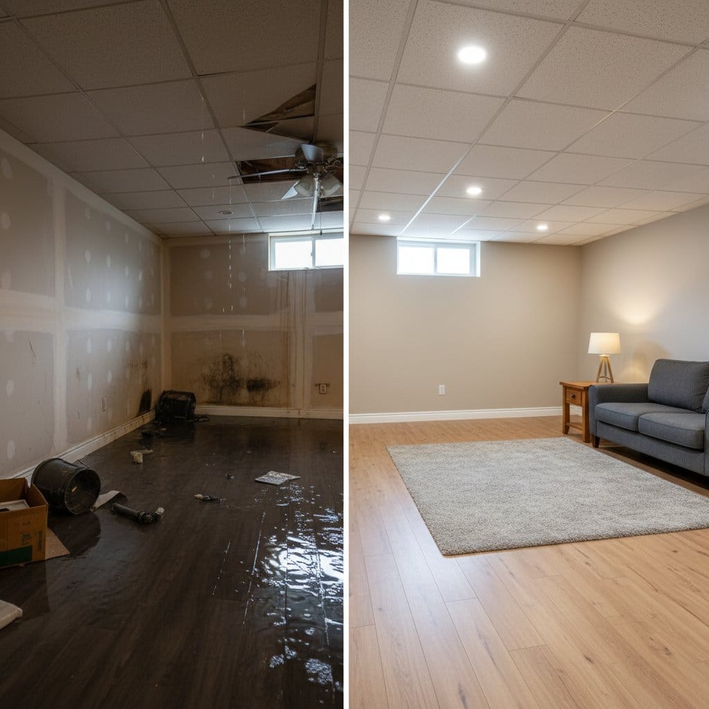 Storm & Roof Leak Water Damage before and after in finished basement, Ridgewood NJ
