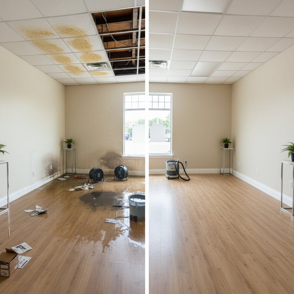 Before and after storm & roof leak water damage in Ridgewood Cape Cod house storefront interior