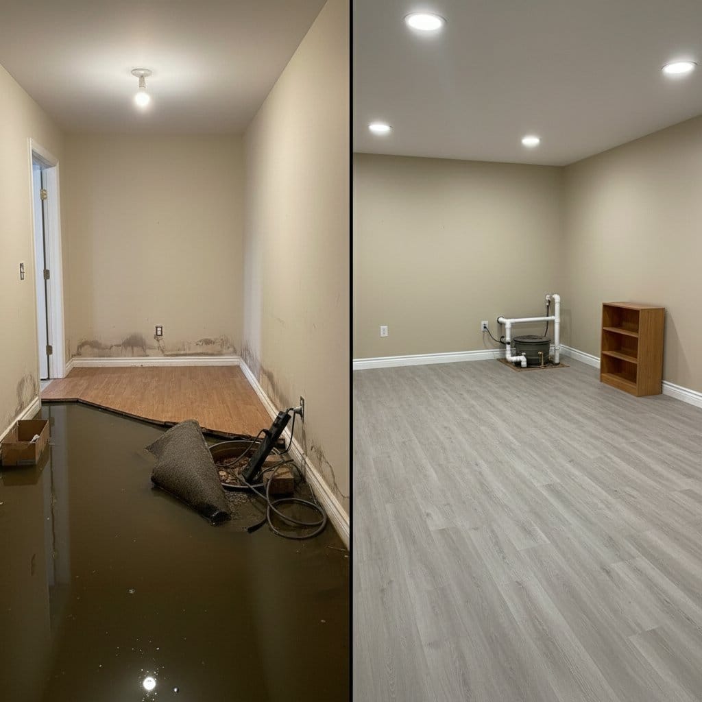 Sewage Backup Cleanup before and after in residential basement, Ridgewood NJ