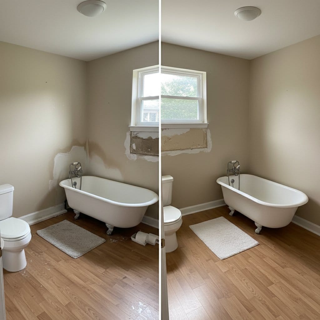 Before and after sewage backup cleanup in Ridgewood private residence bathroom