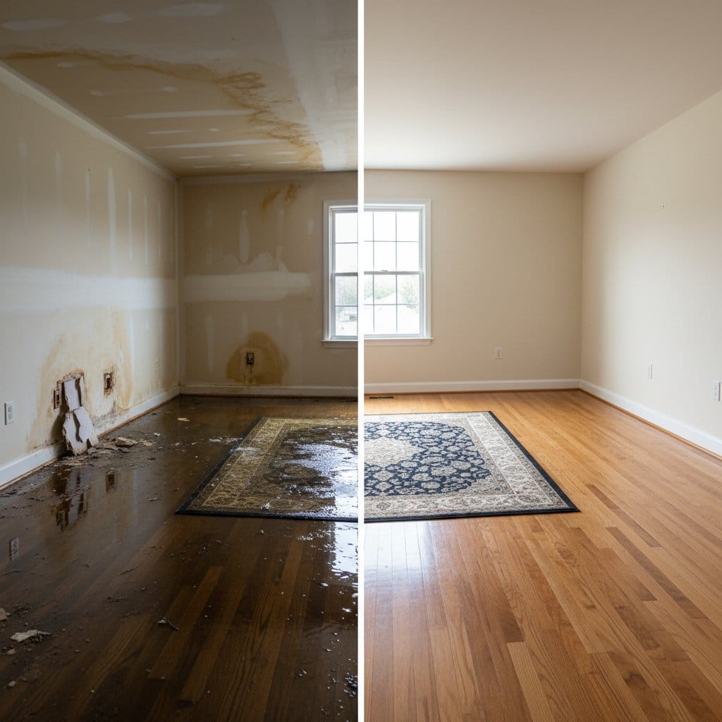 Structural Drying & Dehumidification before and after in living room, Ridgewood NJ