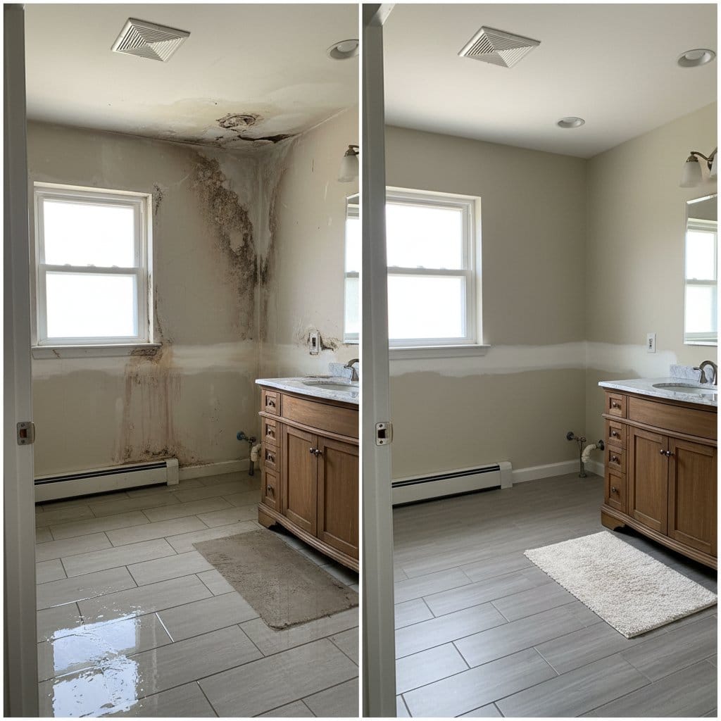 Before and after mold prevention after water damage in Ridgewood Victorian home bathroom
