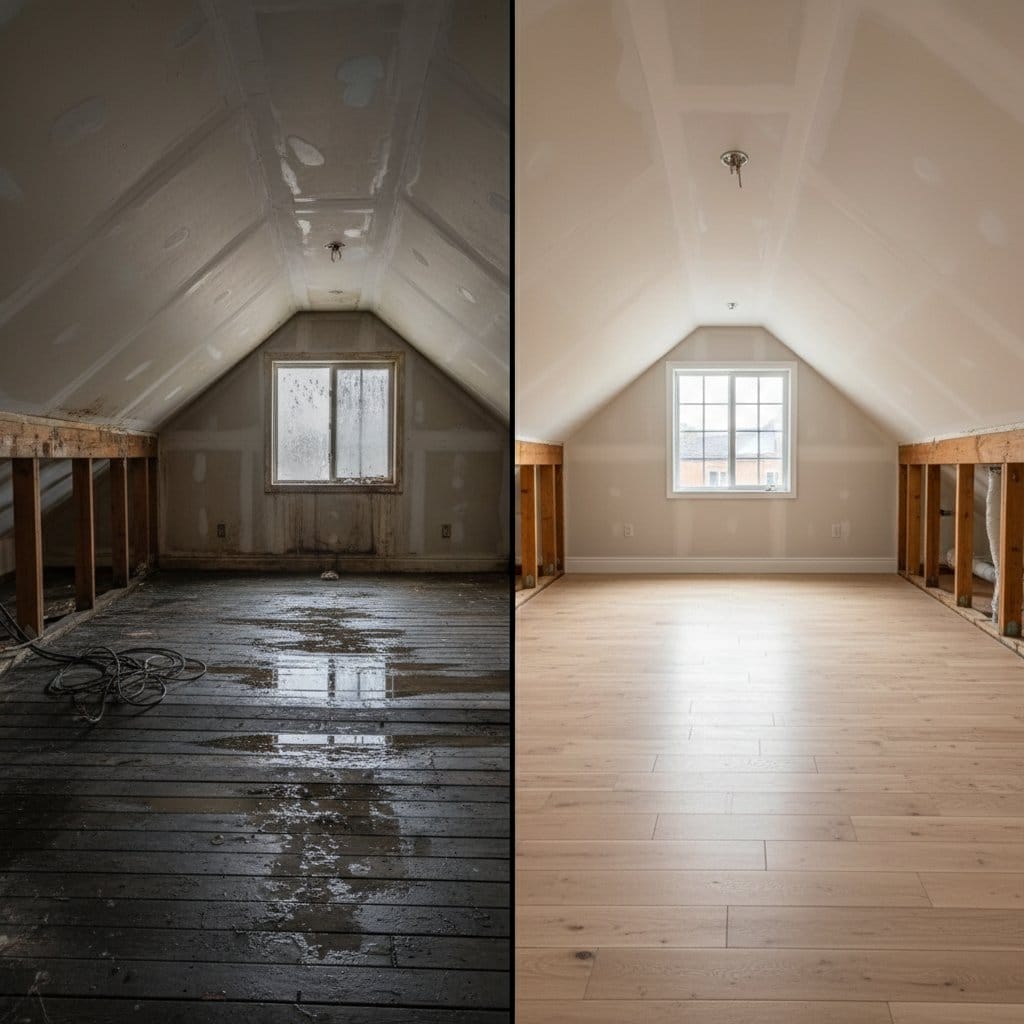 Ridgewood Water Damage Restoration attic space restoration before and after in Ridgewood